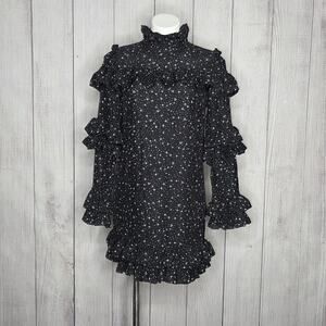 FRAME Silk Celestial Ruffle Dress Noir Black Star Diamond Print, sz Small
